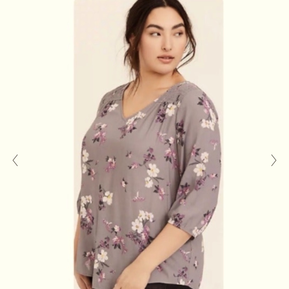 Torrid Grey Floral Smocked Blouse